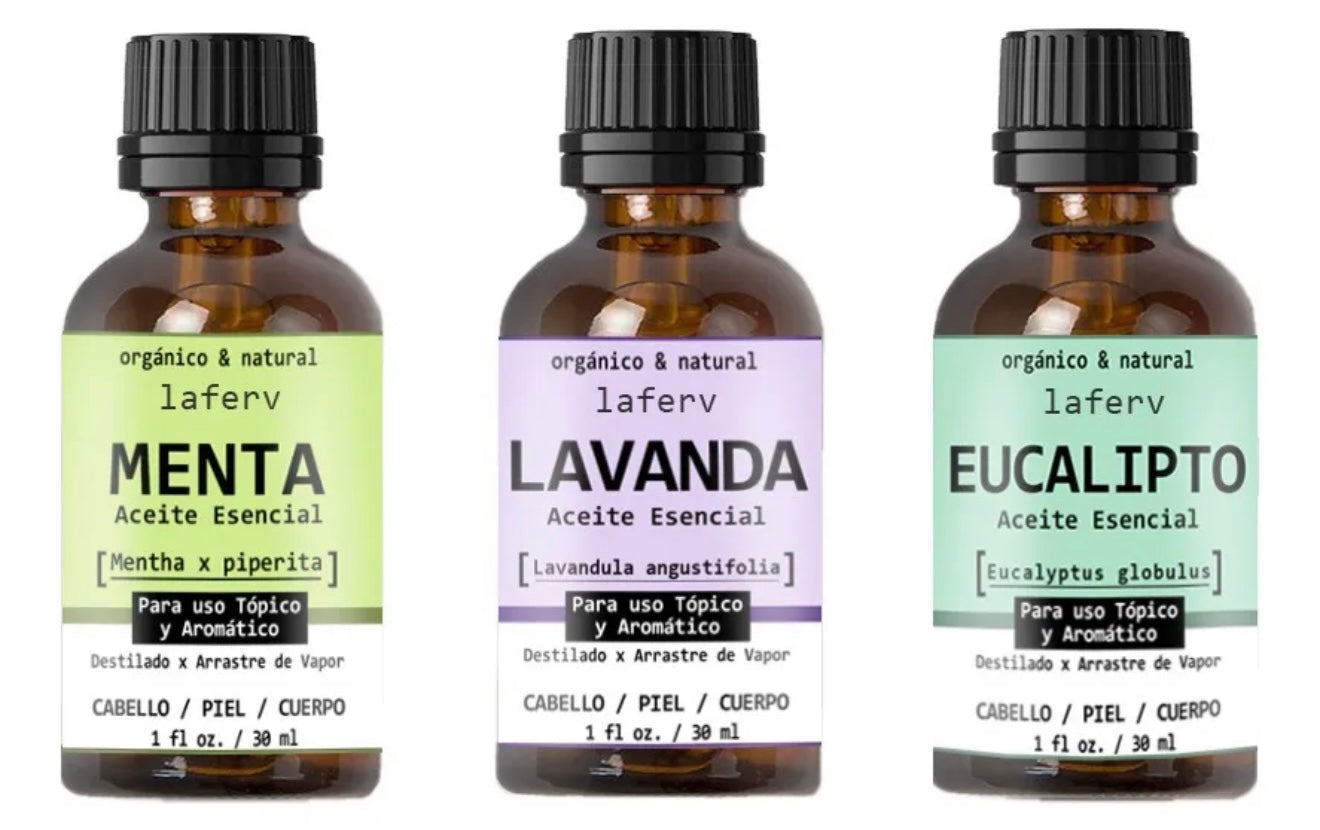 3 Pack Aceite Esencial Puro Lavanda Menta Eucalipto 30ml C/u